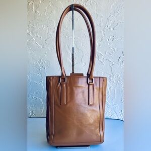 VINTAGE COACH LAGACY BONNIE CASHING LINE 9422 BROWN/TAN LEATHER SLIM TOTE BAG